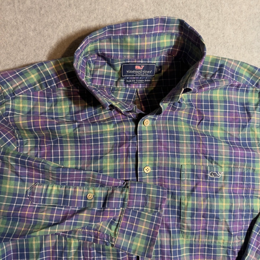 Vineyard Vines Slim Fit Tucker Shirt Mens Medium Purple Green Plaid Button Down